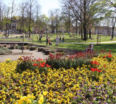© Stadt Kaiserslautern Der Stadtpark ist gut besucht und im Vordergrund blühen Tulpen und Stiefmütterchen.