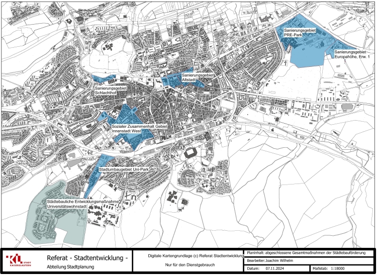 © Stadt Kaiserslautern Die Graphik zeigt die derzeit aktiven Gebiete der Städtebauförderung in Kaiserslautern. © Stadt Kaiserslautern
